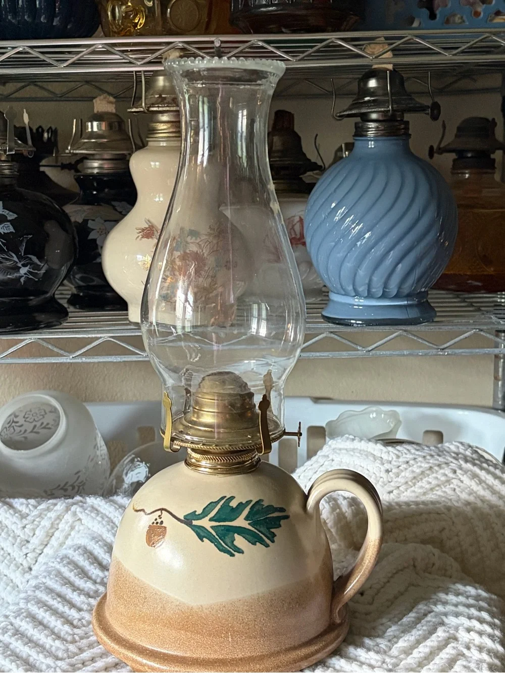 Vintage Stoneware Oil Lamp with Hand-Painted Acorn & Oak Leaf Motif